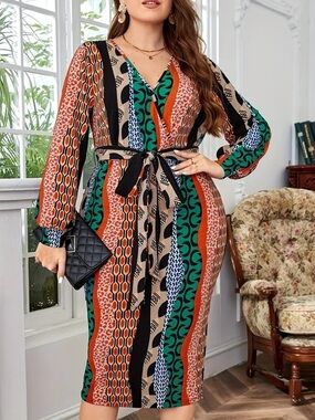 Vibrant Multi-Pattern Wrap Dress - Teal & Orange